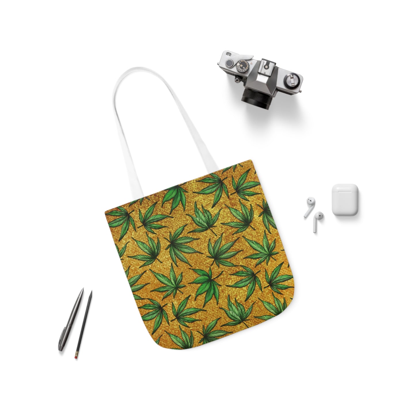 Gold And Green Marijuana Pot Weed Leaf With Gold Background 420 Polyester Canvas Tote Bag (AOP)