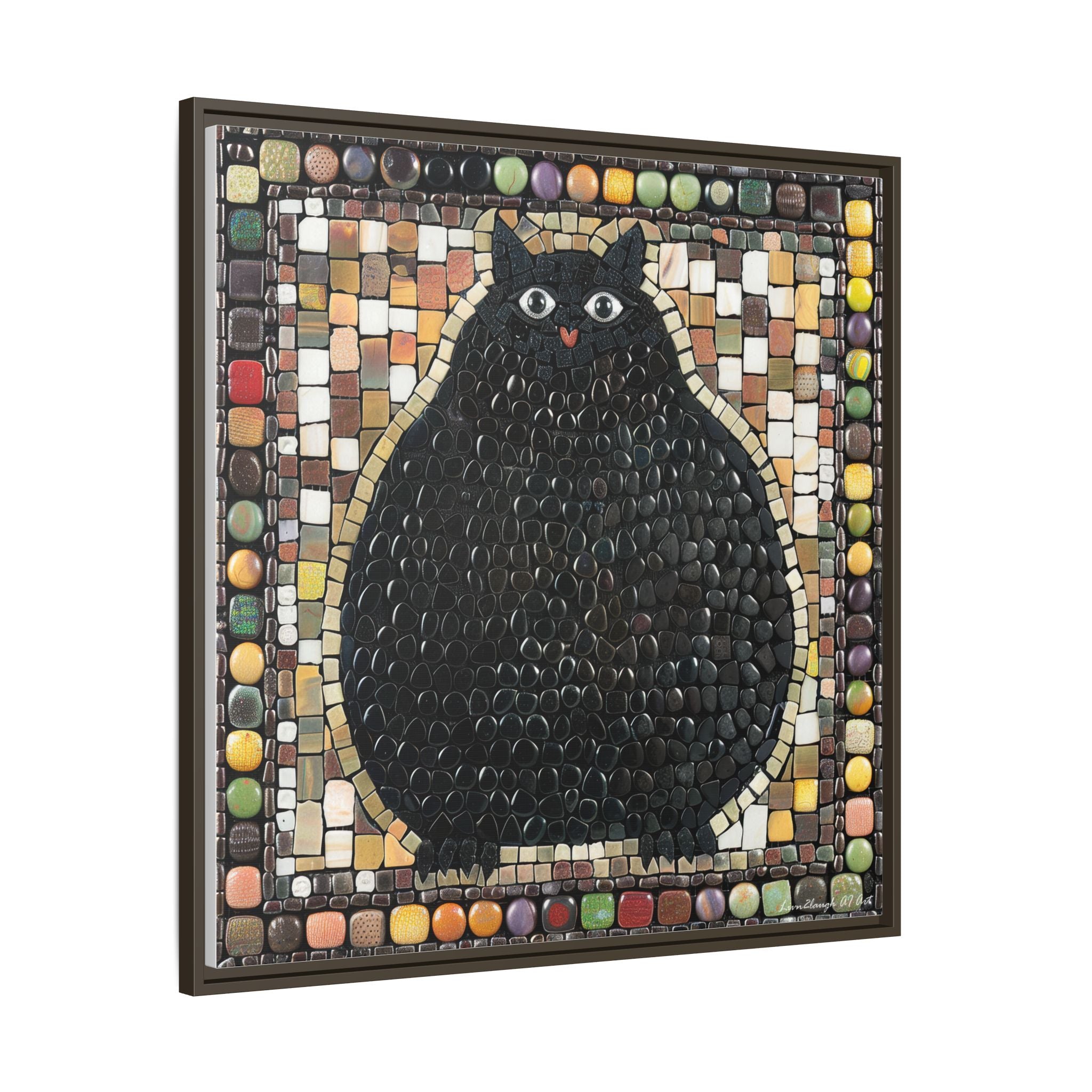 "Playful Black Cat Mosaic", Framed Mosaic Cat Art Print — Colorful Modern Wall Canvas