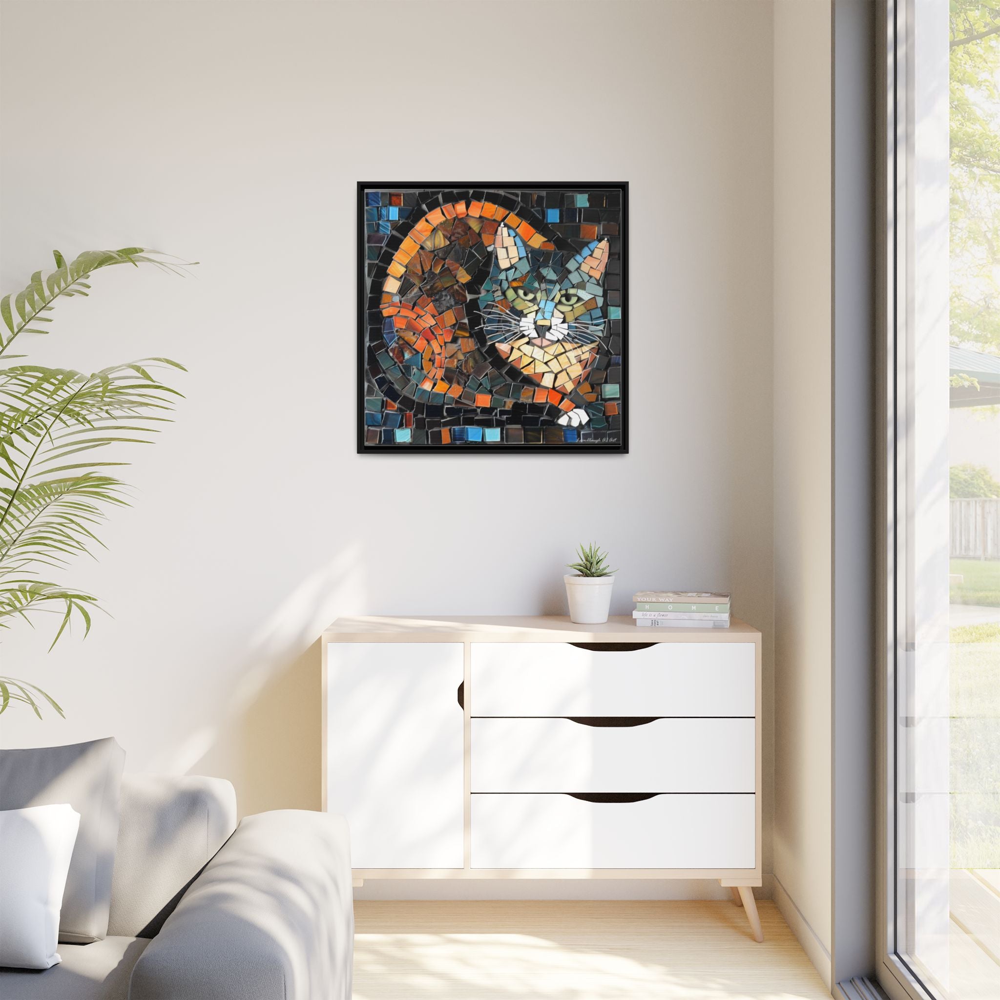 "Bold Mosaic Cat", Framed Mosaic Cat Art Print — Colorful Modern Wall Canvas