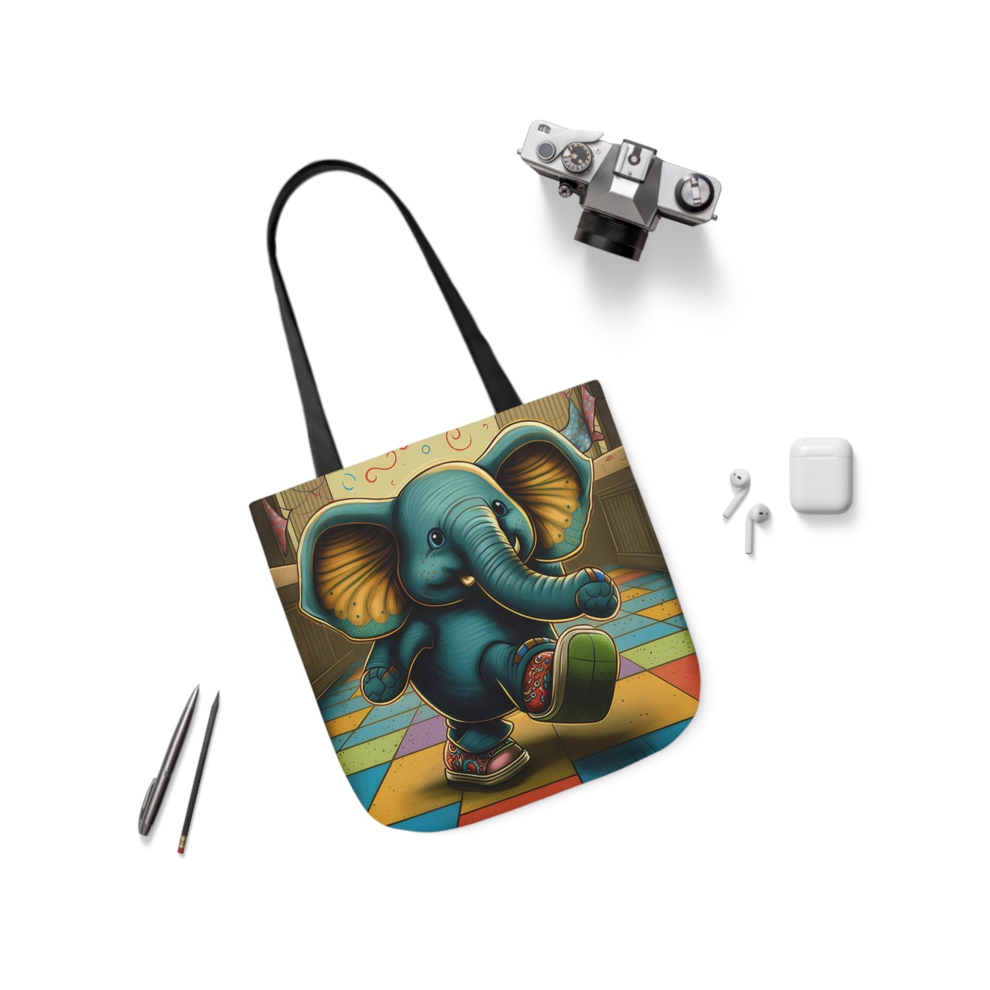 Elephant Kicking Leg On Colored Square Floor Polyester Canvas Tote Bag (AOP)