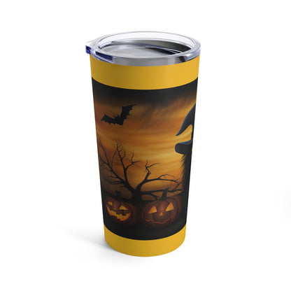 Cat Ghoul Witch With Pumpkins Yellow Background Tumbler 20oz