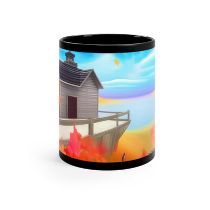 Lighthouse /Beach House on a Lake/Ocean Fall Time Is Amazing Pumpkins And Fall Colors With Cat 11oz Black Mug
