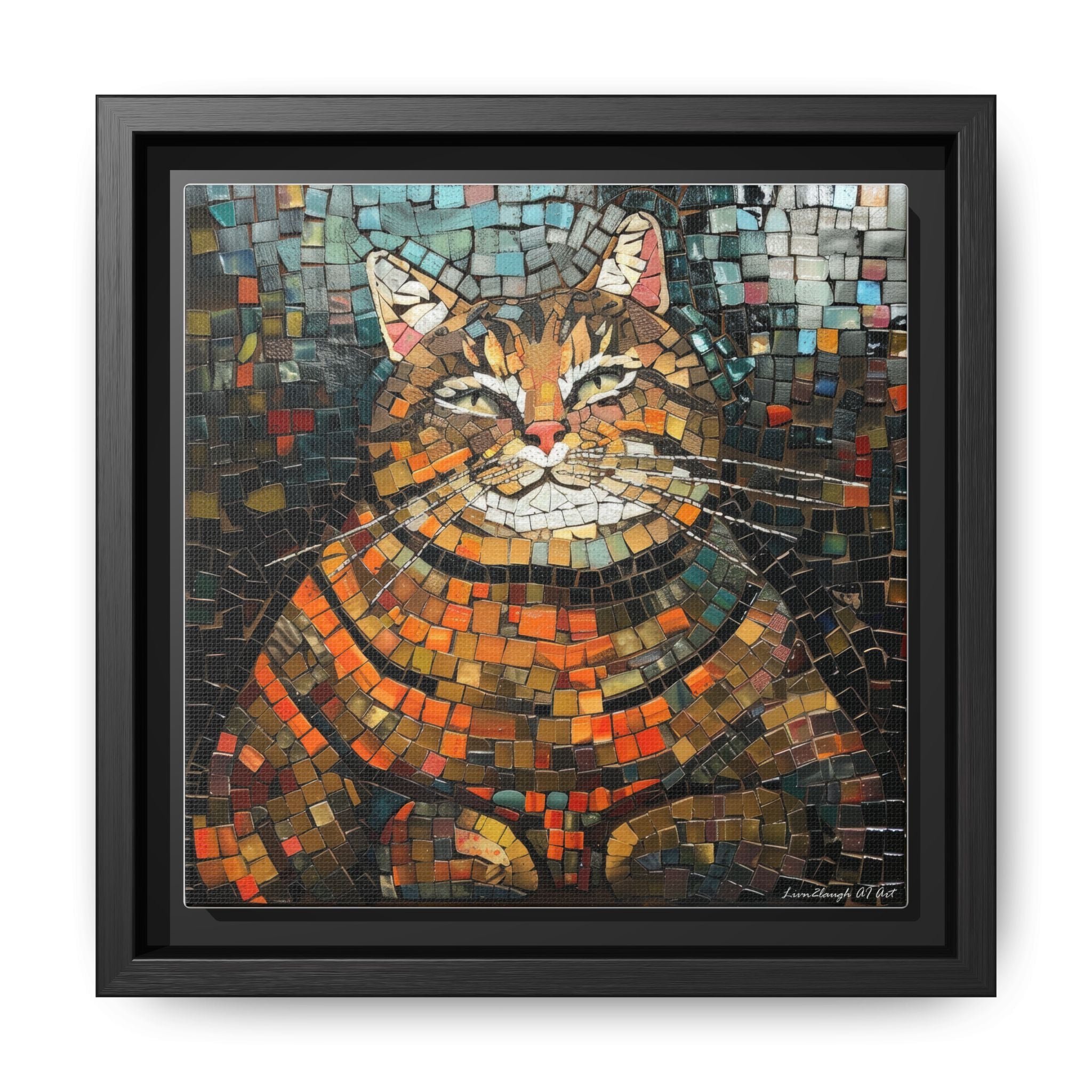 Mosaic Majesty: The Regal Cat, Framed Mosaic Cat Art Print — Colorful Modern Wall Canvas