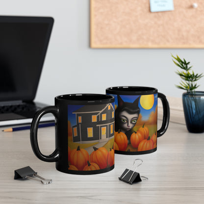 Gothic Cat Girl Halloween With Beautiful Moon And Pumpkins 11oz Black Mug