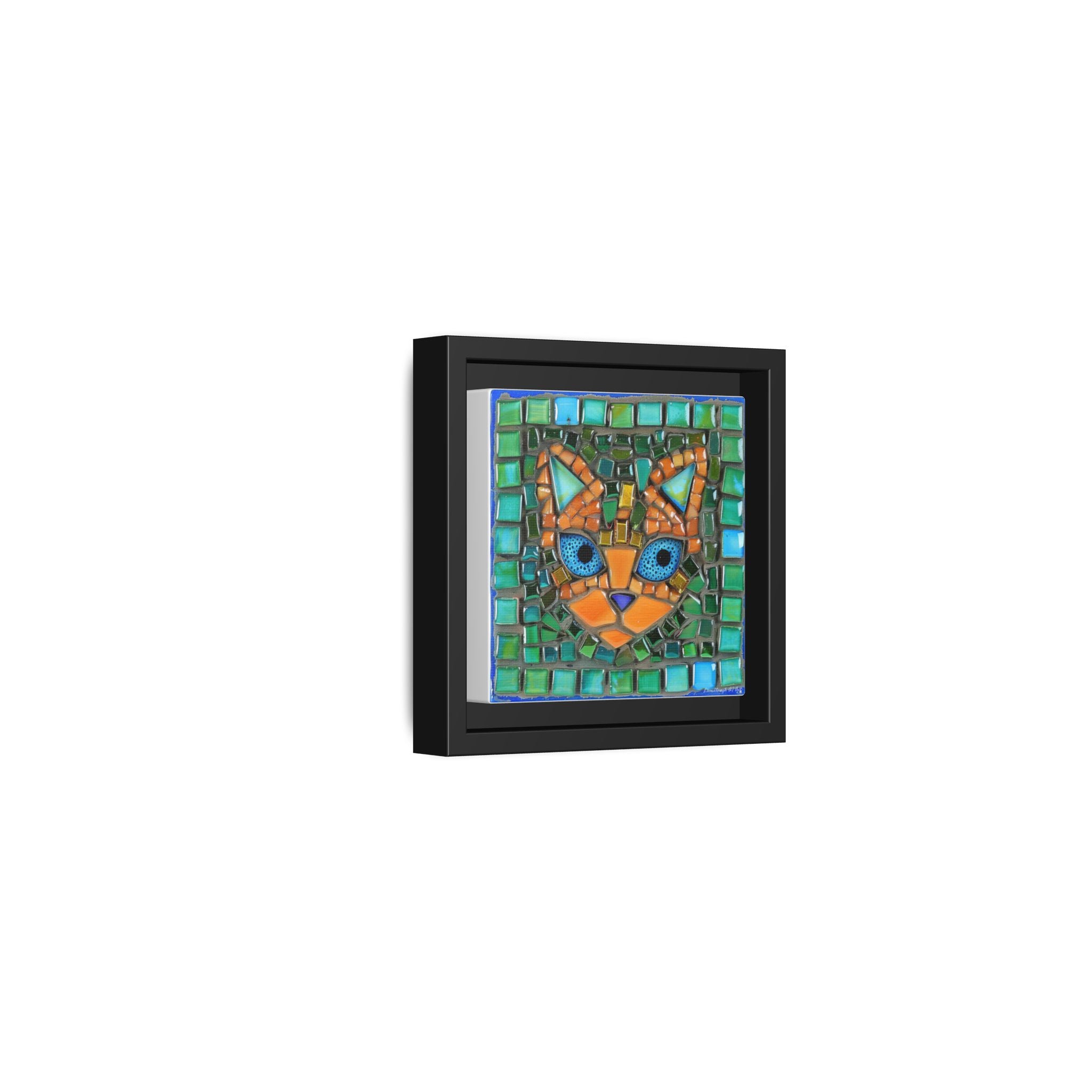 "Emerald Eyes Mosaic Cat", Framed Mosaic Cat Art Print — Colorful Modern Wall Canvas
