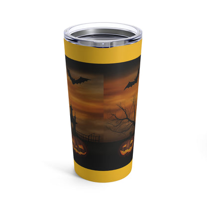 Cat Ghoul Witch With Pumpkins Yellow Background Tumbler 20oz