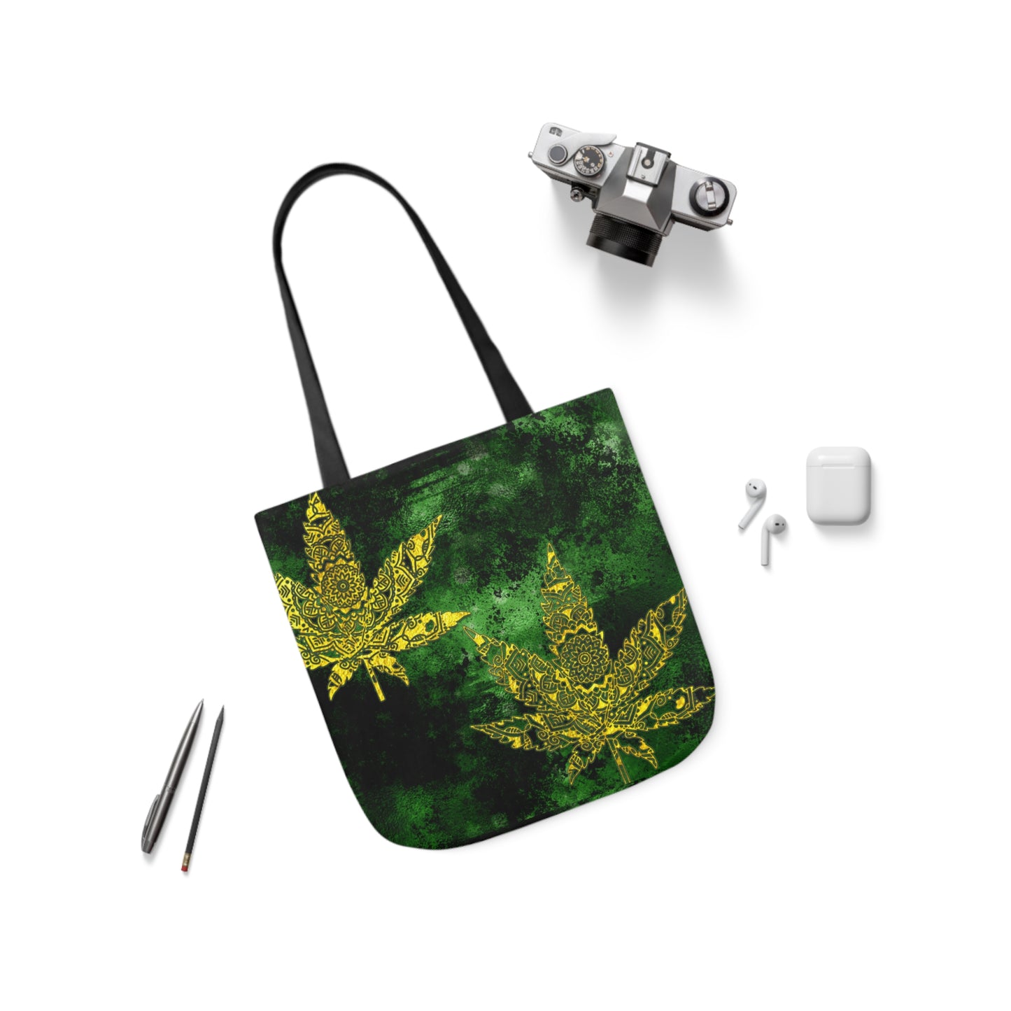 Gorgeous Designed Gold Leaf With multigreen Background Marijuana Pot Weed 420 Polyester Canvas Tote Bag (AOP)