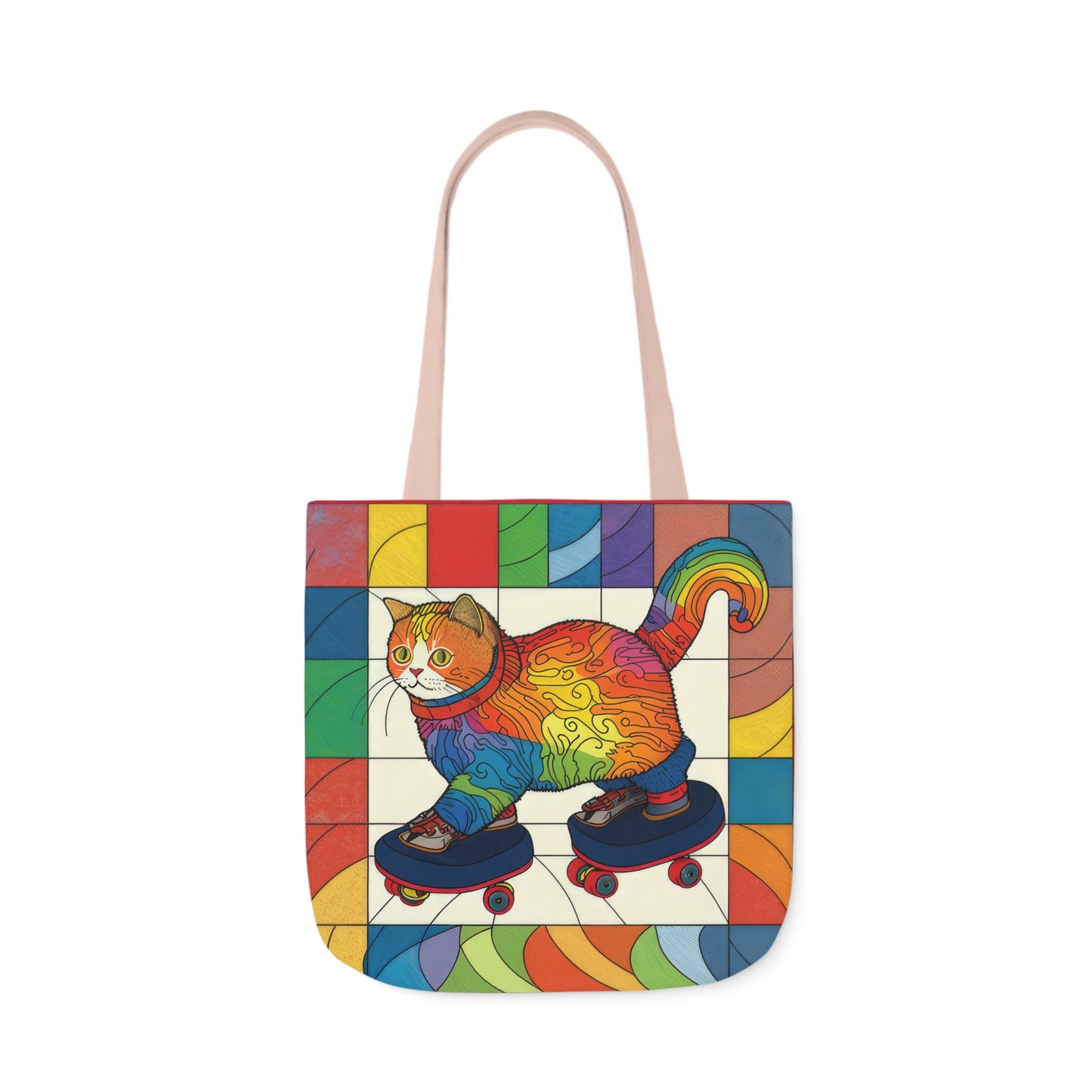 Gorgeous Rainbow Cat Riding A Skate/Skateboard With Rainbow Border Polyester Canvas Tote Bag (AOP)