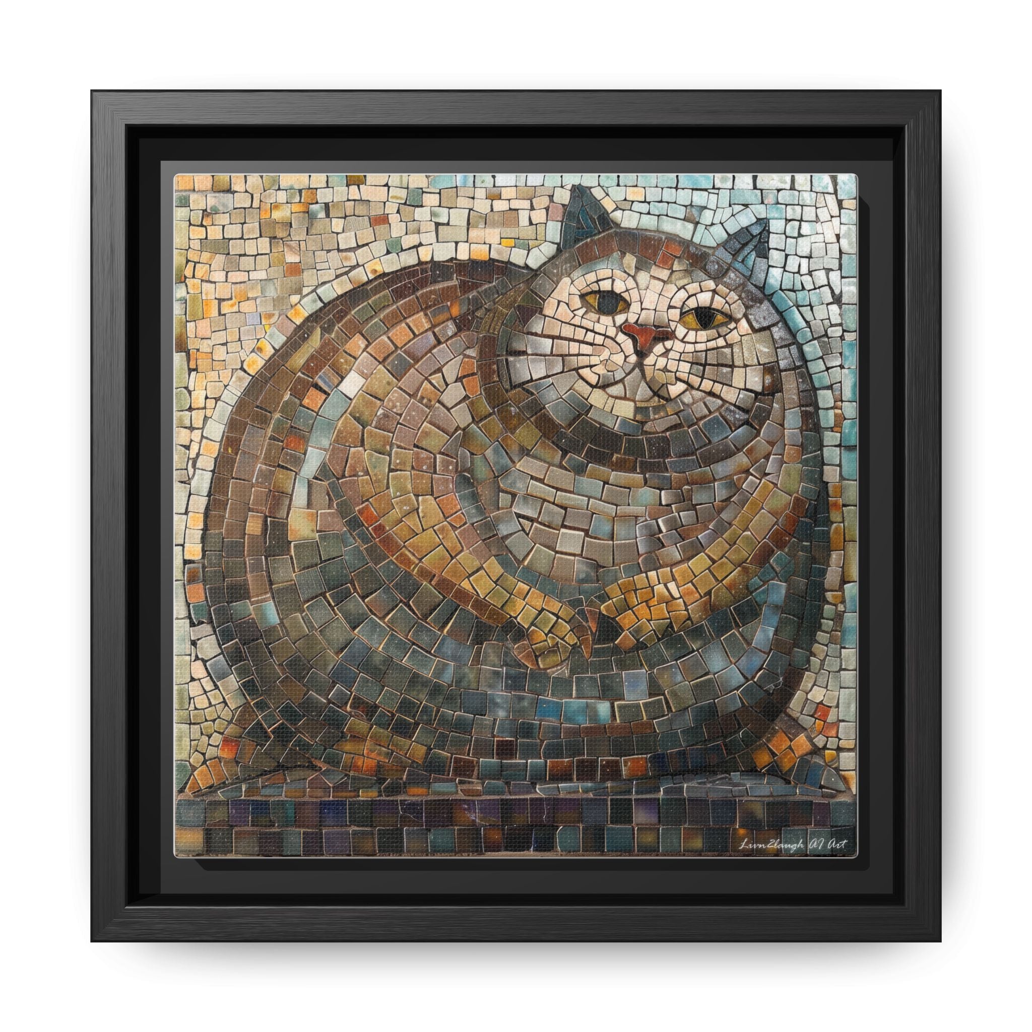 "Serene Mosaic Cat", Framed Mosaic Cat Art Print — Colorful Modern Wall Canvas