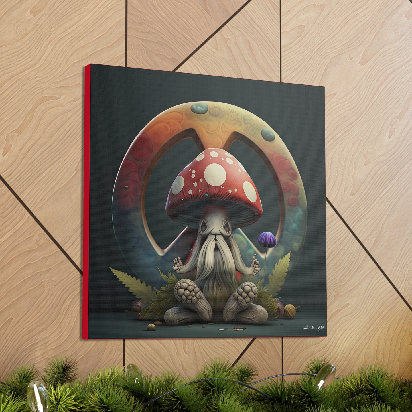 Beautiful Forest Round Peace Sign , Hippie With Beard Mushrooms Hat Flowers  Canvas Gallery Wraps