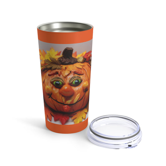 Fall-Halloween Cute Decorated Faced Pumpkin With Fall Color Leaves Tumbler 20oz