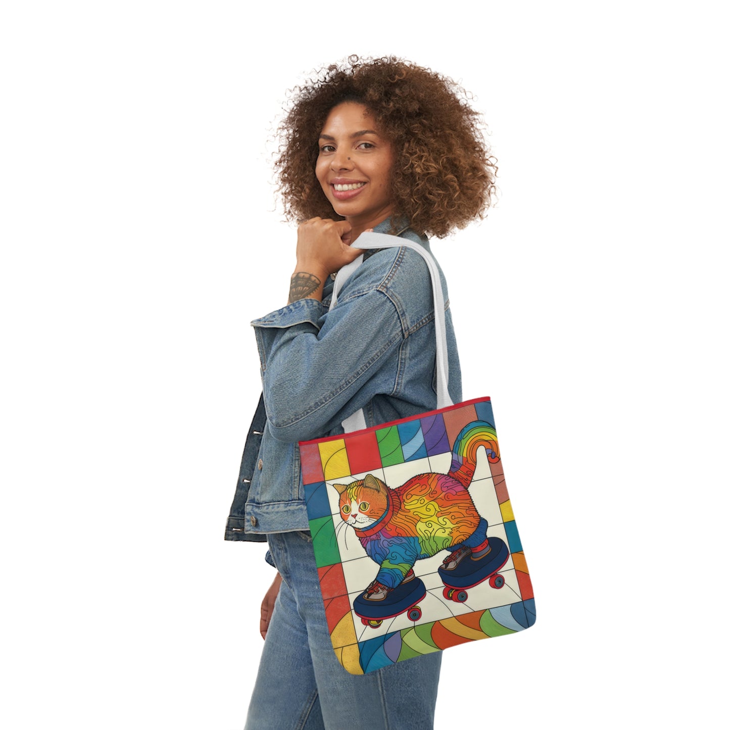 Gorgeous Rainbow Cat Riding A Skate/Skateboard With Rainbow Border Polyester Canvas Tote Bag (AOP)