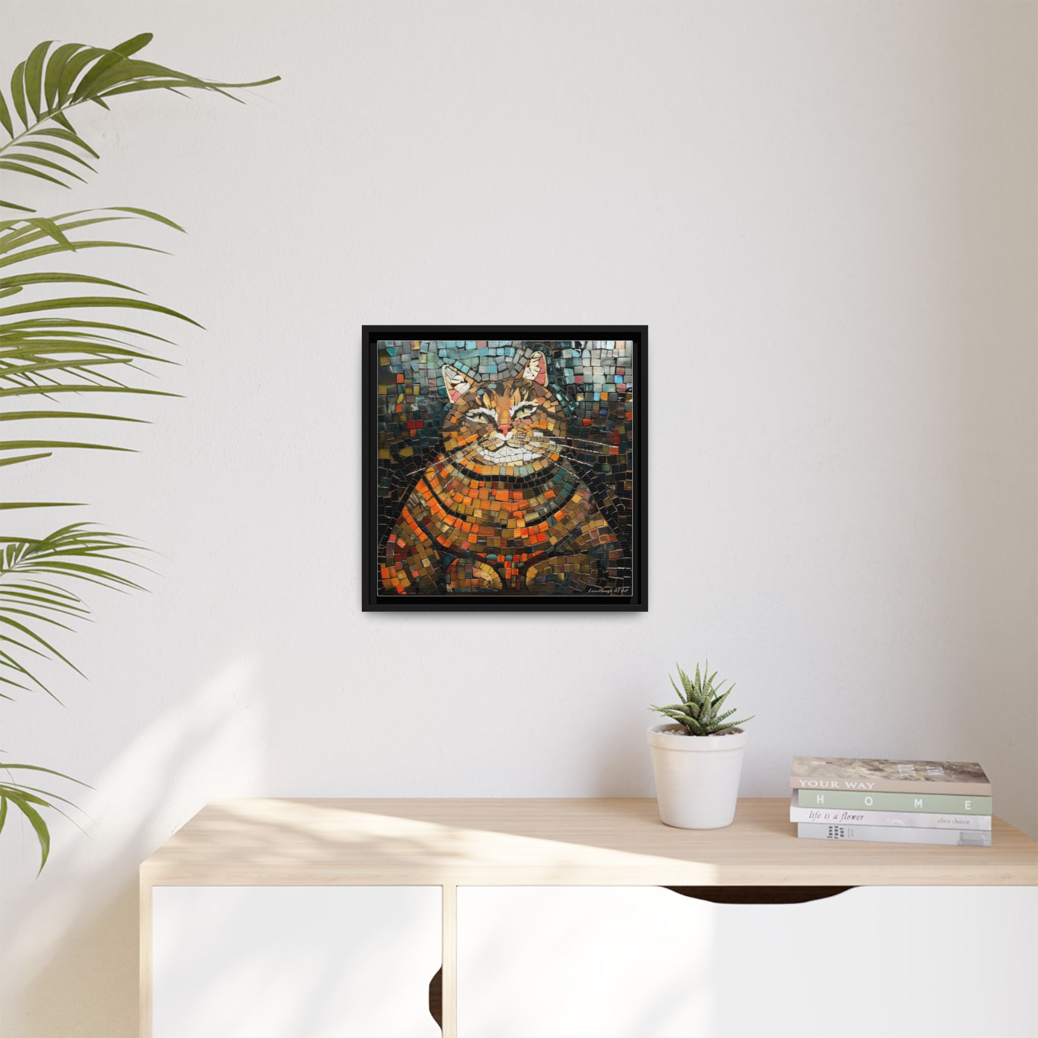 Mosaic Majesty: The Regal Cat, Framed Mosaic Cat Art Print — Colorful Modern Wall Canvas