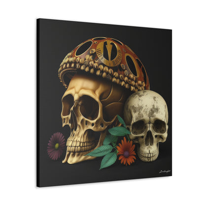 Double Skull With One Colorful Beautifully Detailed Helmet Purple Orange Flowers Canvas Gallery Wraps