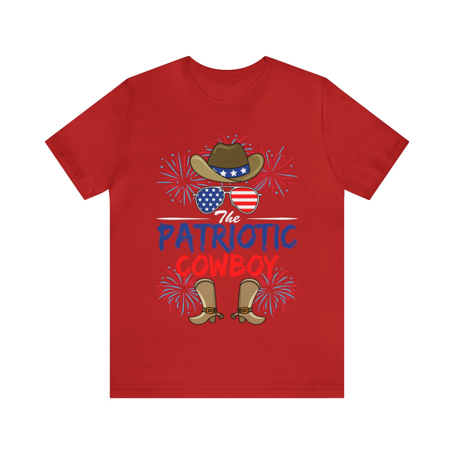 Patriotic Cowboy, American Flag 'Glasses, Cowboy Hat and Boots, Fourth of July 4th Unisex Jersey Short Sleeve Tee