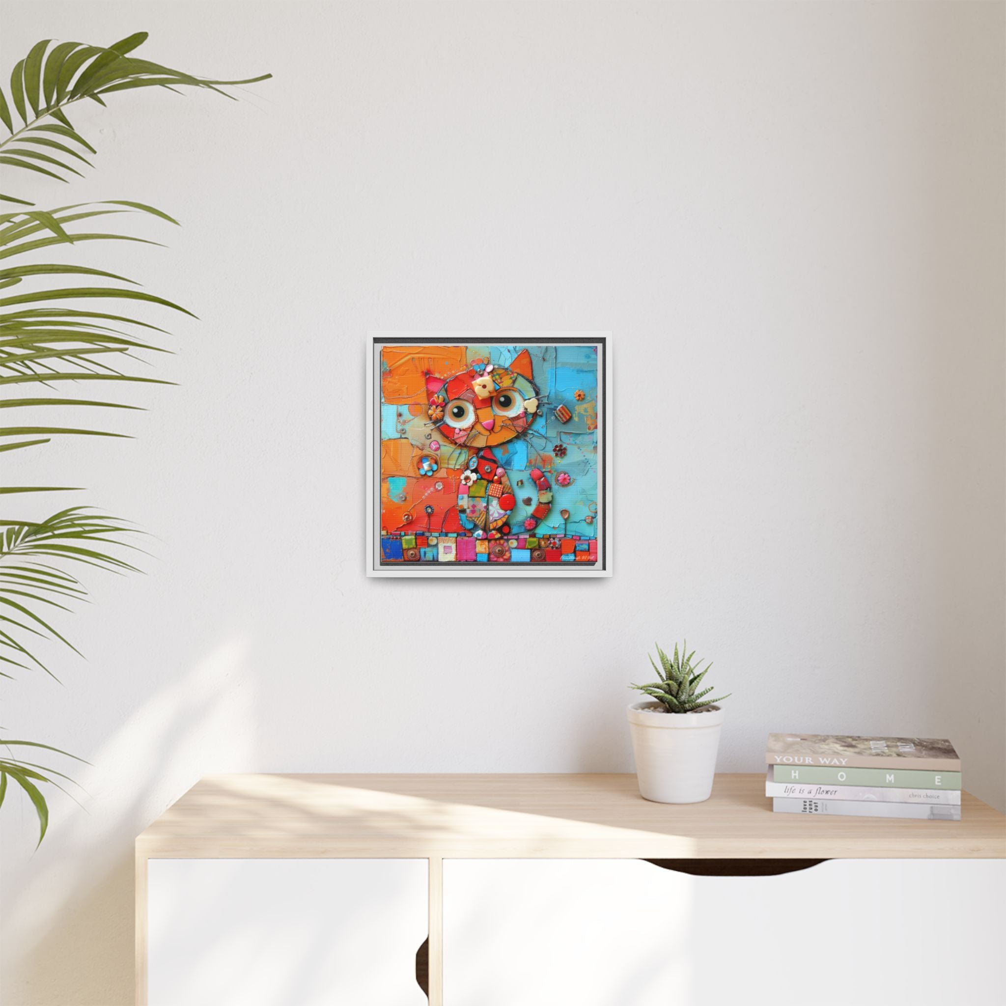"Whimsical Mosaic Cat", Framed Mosaic Cat Art Print — Colorful Modern Wall Canvas