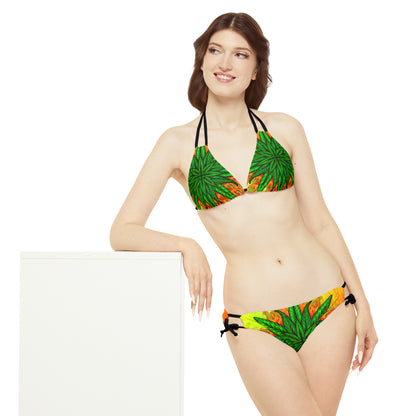 Beautifully Designed Orange, Yellow And Green Marijuana Leaf Strappy Bikini Set (AOP)