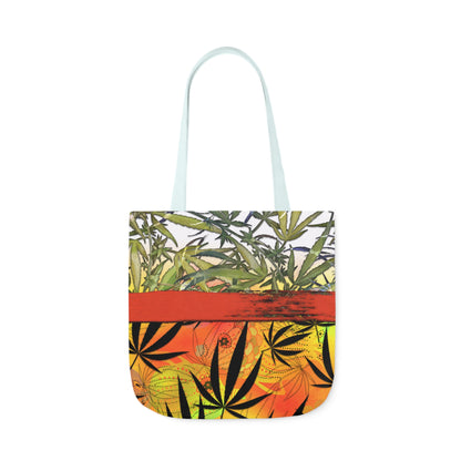 Beautiful Redish Orange Banded Marijuana 420 Pot Weed Leaf Polyester Canvas Tote Bag (AOP)