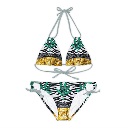 Gold And Zebra White And Black Marijuana Pot Weed Leaf 420 Weed Pot Marijuana Leaf Strappy Bikini Set (AOP)