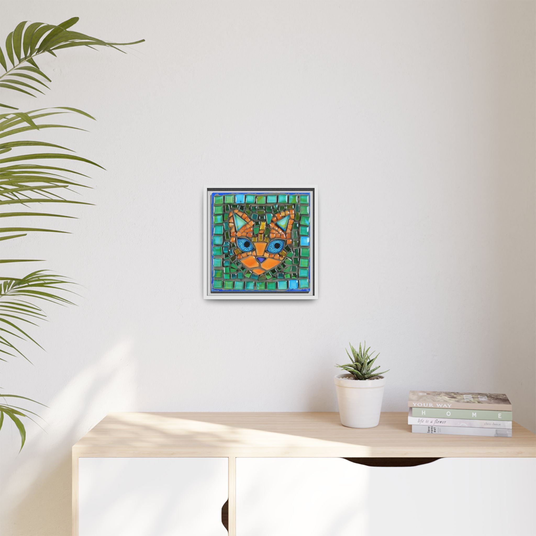 "Emerald Eyes Mosaic Cat", Framed Mosaic Cat Art Print — Colorful Modern Wall Canvas