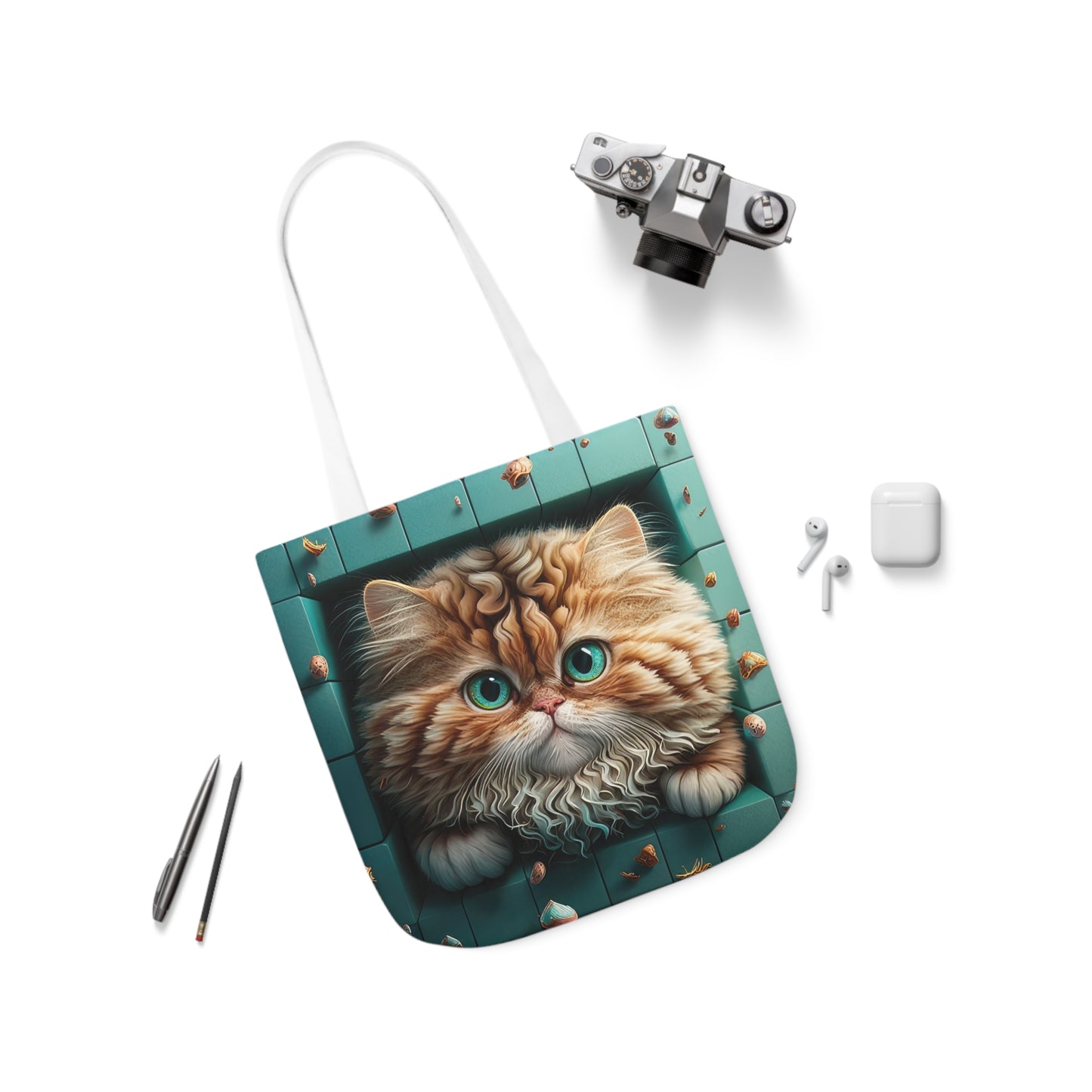 Beautiful Orange And White Fluffy Cat With Blue Eye , Blue Framed Polyester Canvas Tote Bag (AOP)