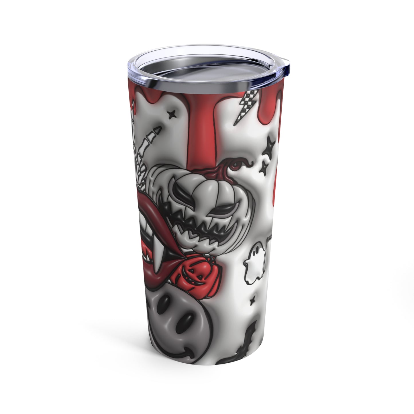 Red And Black  Hot Red Lips With Fangs, Graveyard, Bats 3-D Puffy Halloween Tumbler 20oz