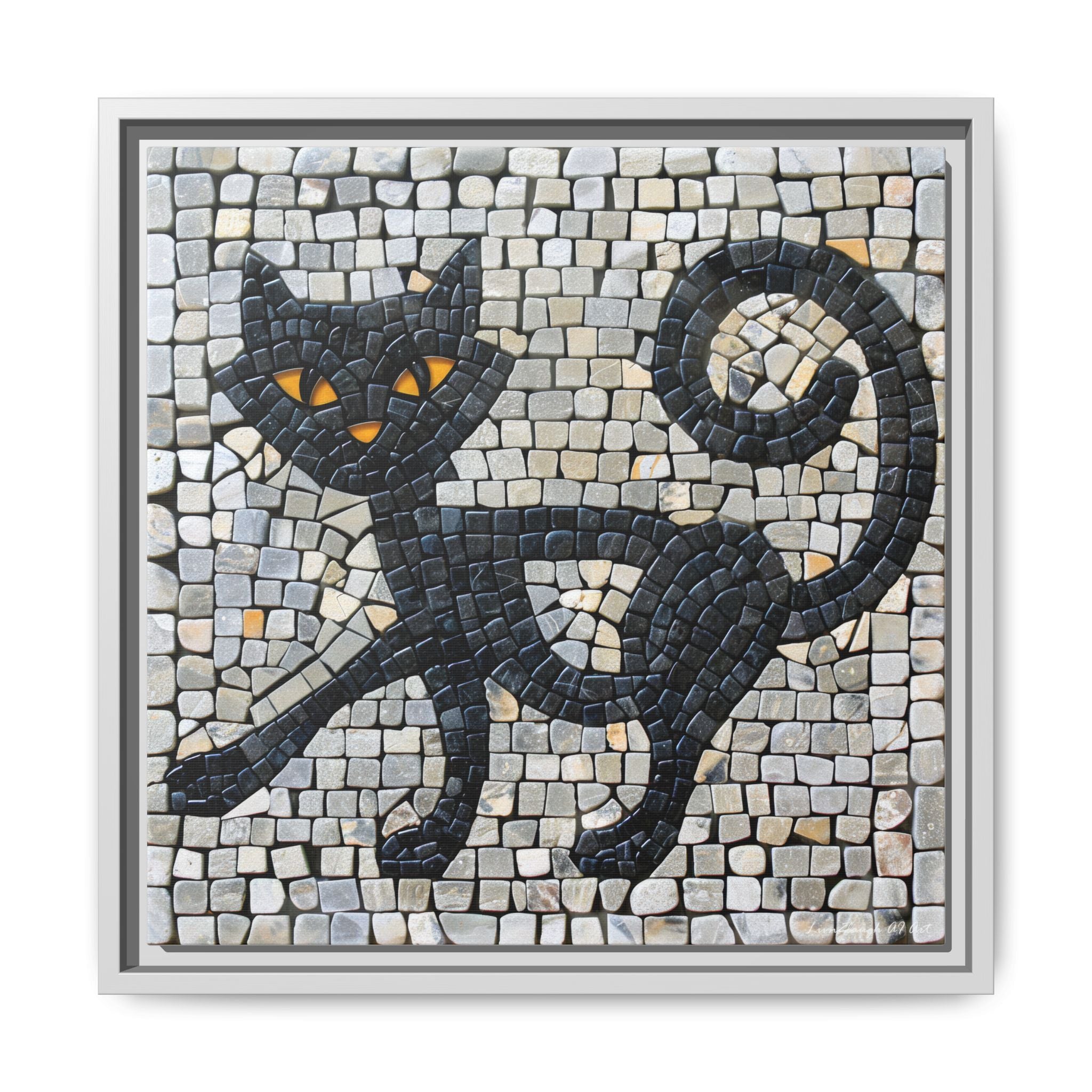 "Curious Black Cat Mosaic", Framed Mosaic Cat Art Print — Colorful Modern Wall Canvas