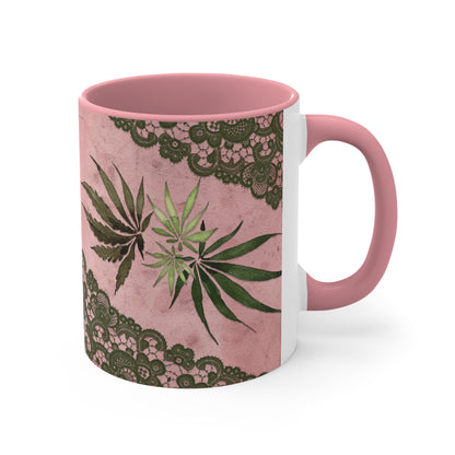 Grey Lace Gorgeous Pink Beautiful Multicolored Pot, Weed, Marijuana Leaf Accent Coffee Mug, 11oz