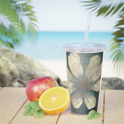 Bold And Beautiful White, Grey And Blue Floral Style 1 Plastic Tumbler with Straw