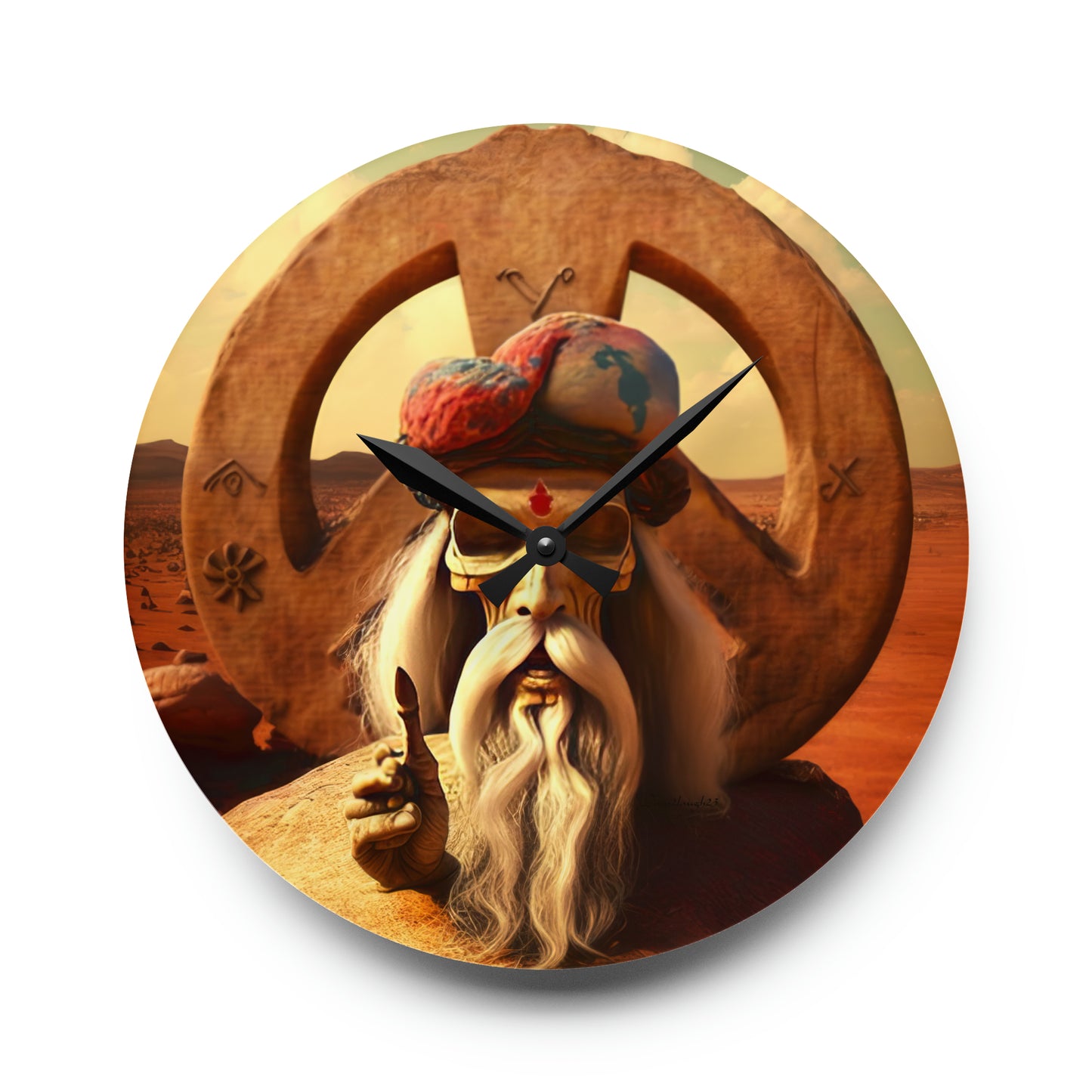 Wise Man In Dessert With Beard And Peace Sign Acrylic Wall Clock