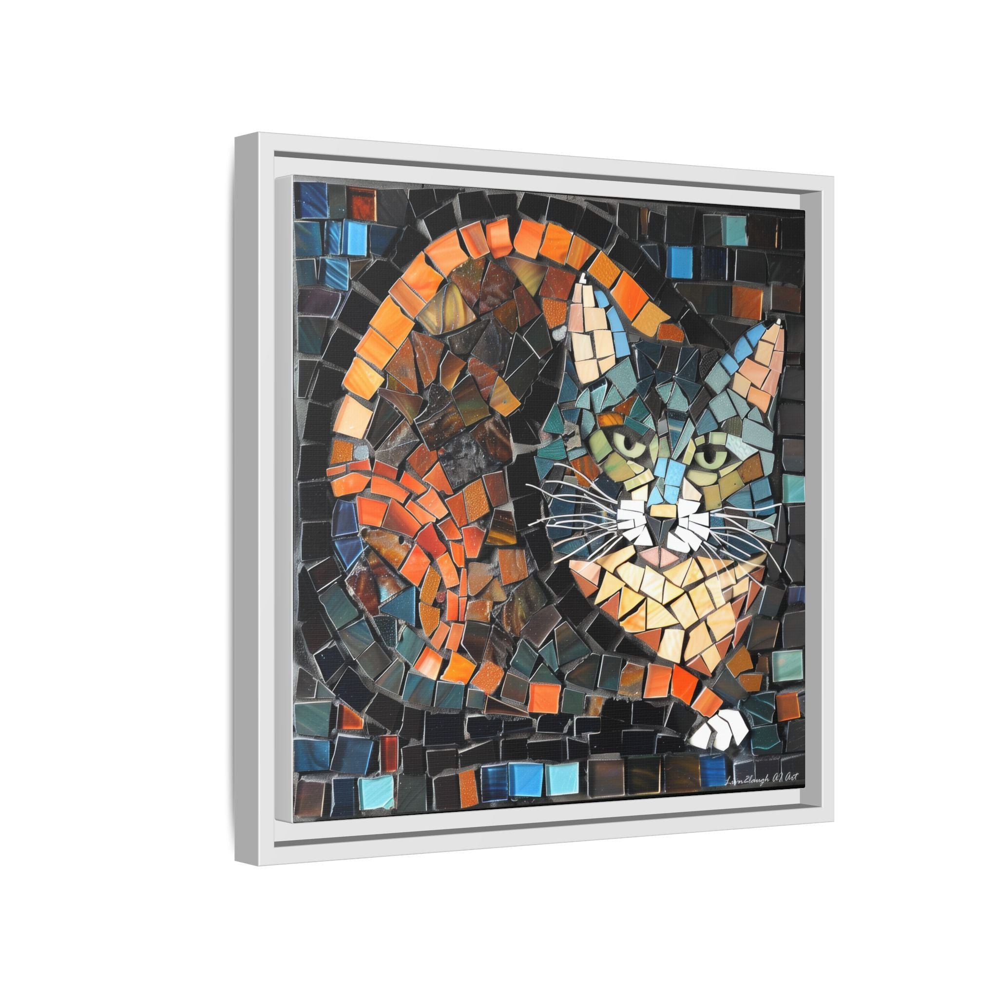 "Bold Mosaic Cat", Framed Mosaic Cat Art Print — Colorful Modern Wall Canvas