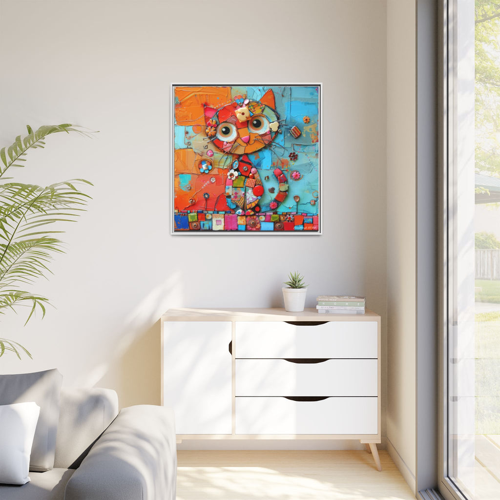 "Whimsical Mosaic Cat", Framed Mosaic Cat Art Print — Colorful Modern Wall Canvas