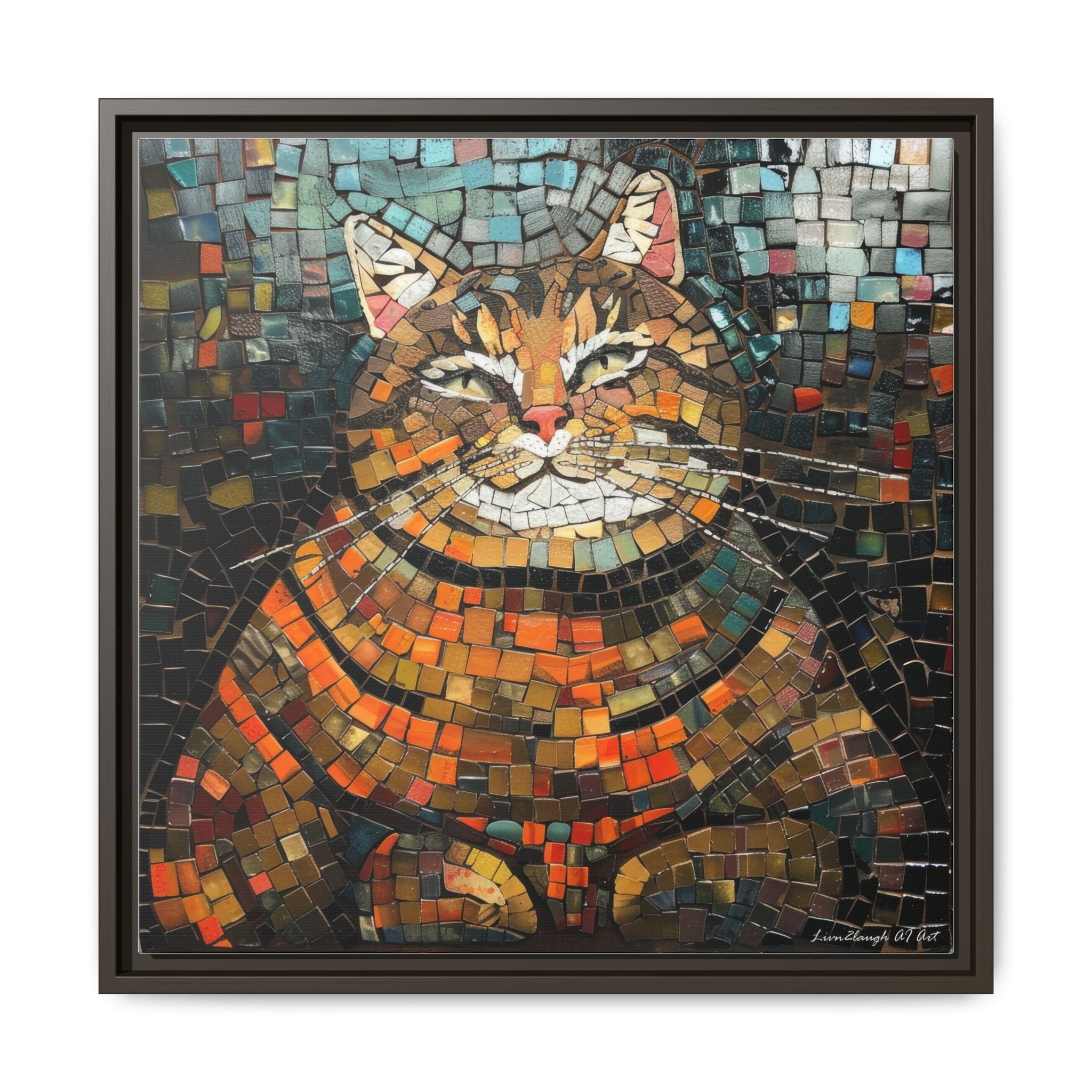 Mosaic Majesty: The Regal Cat, Framed Mosaic Cat Art Print — Colorful Modern Wall Canvas