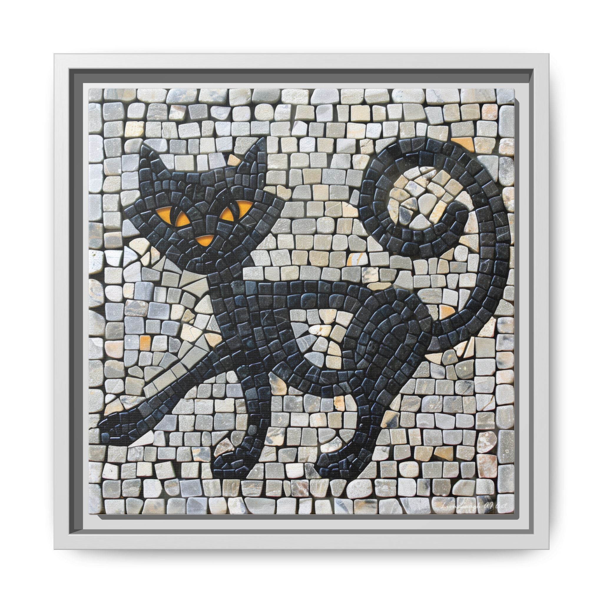 "Curious Black Cat Mosaic", Framed Mosaic Cat Art Print — Colorful Modern Wall Canvas