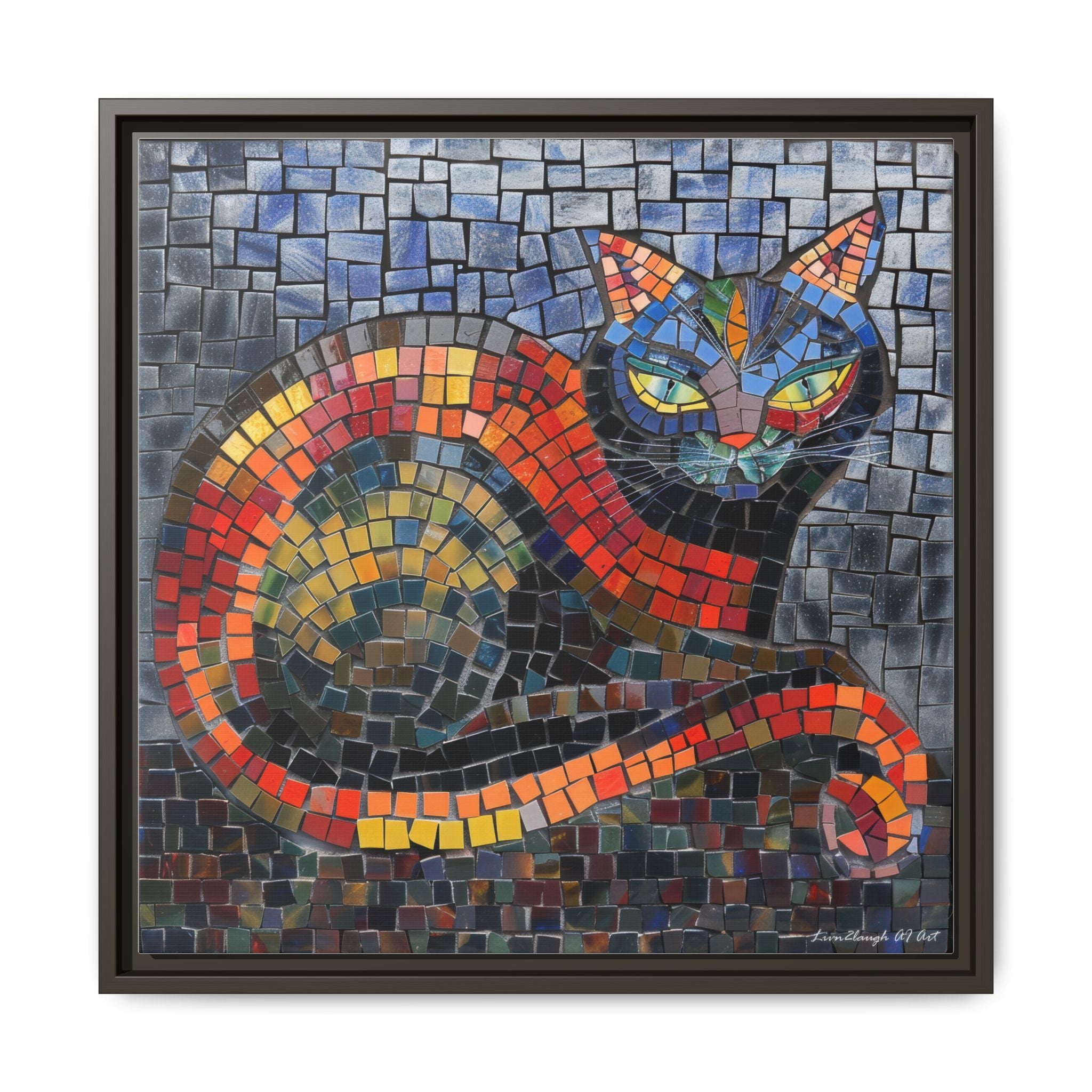 Mystic Shadows: The Enigmatic Cat, Framed Mosaic Cat Art Print — Colorful Modern Wall Canvas