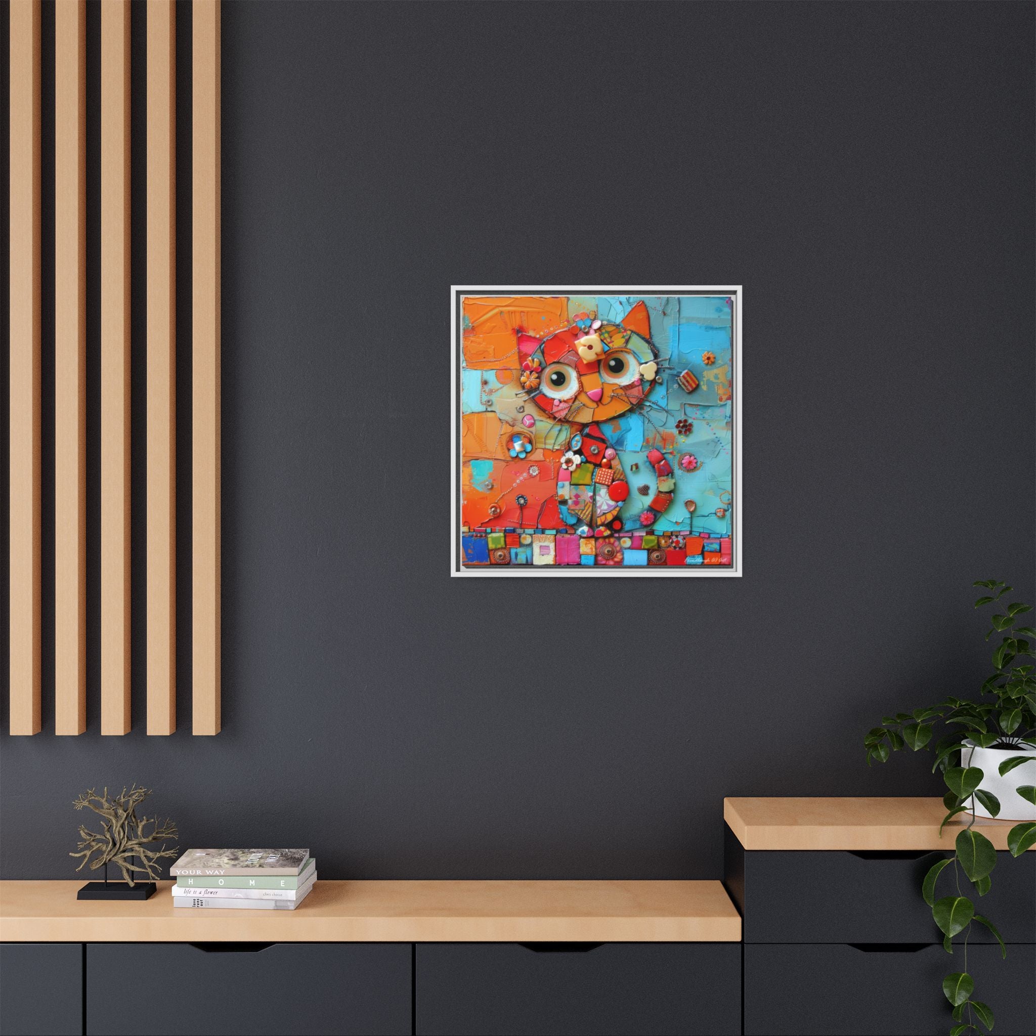 "Whimsical Mosaic Cat", Framed Mosaic Cat Art Print — Colorful Modern Wall Canvas