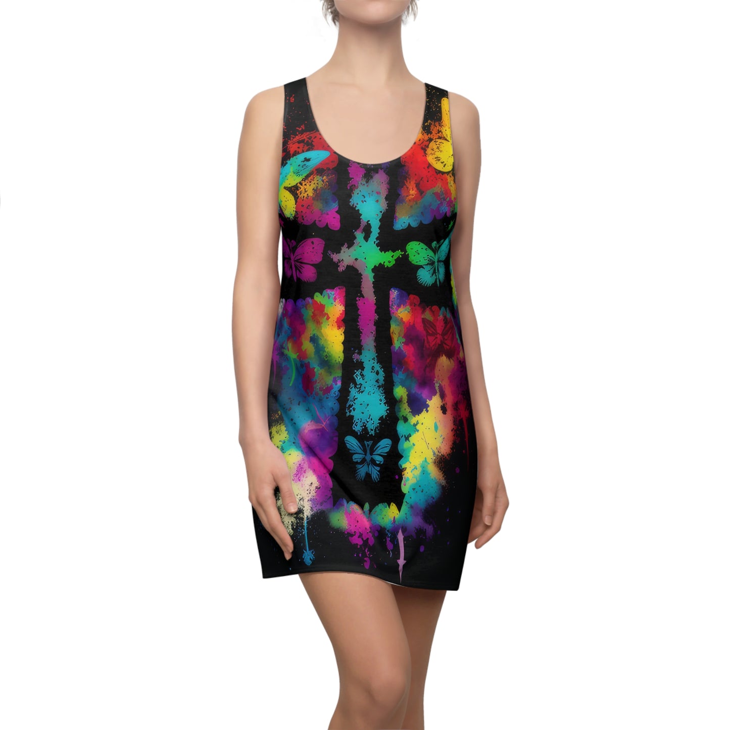 Bold And Beautiful Tie Dye Cross And Butterflies Style Two Women's Cut & Sew Racerback Dress (AOP)