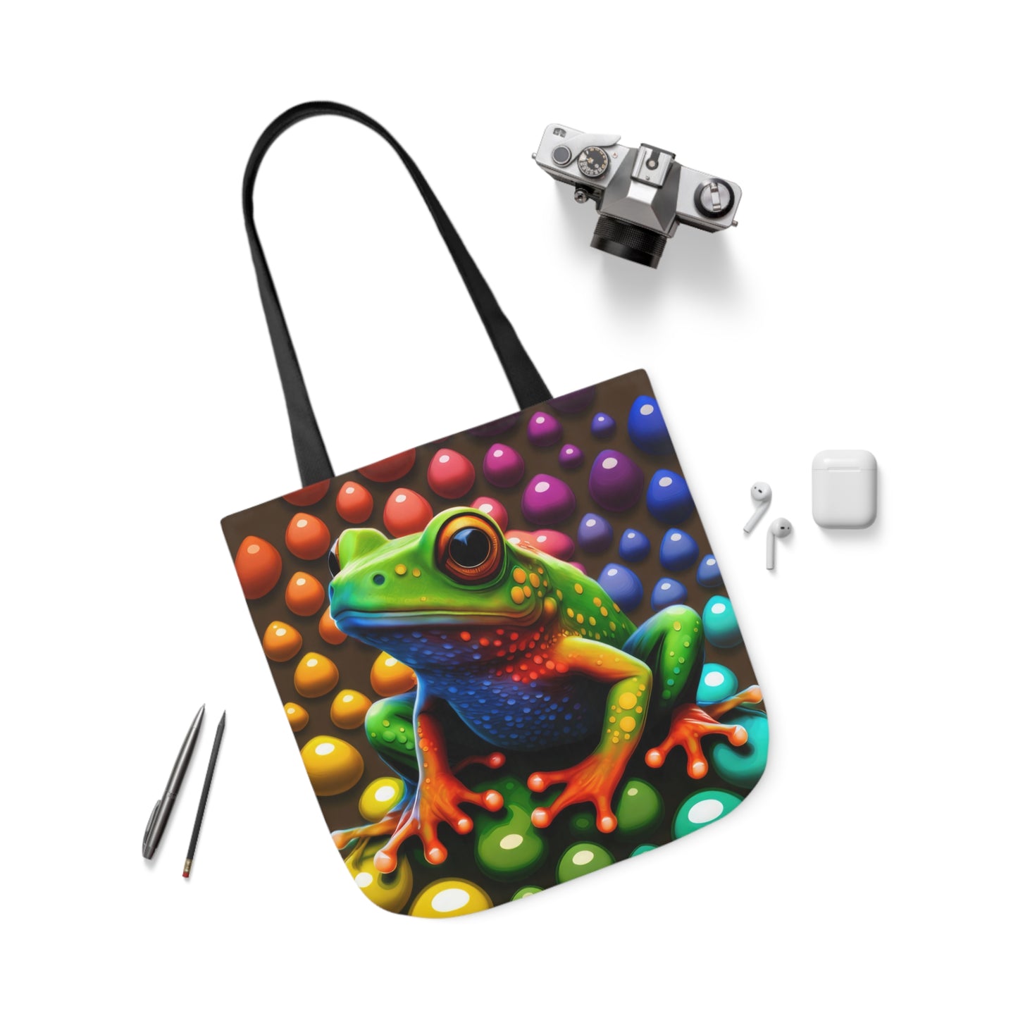 Sassy Rainbow Round Skittle Like Background With Beautiful Frog Polyester Canvas Tote Bag (AOP)