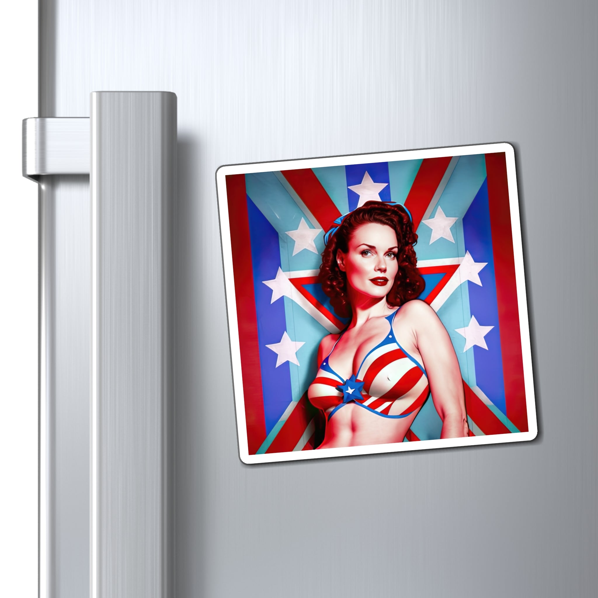 Retro Tattooed Pinup Blue, Red And White Star Magnet Style Five