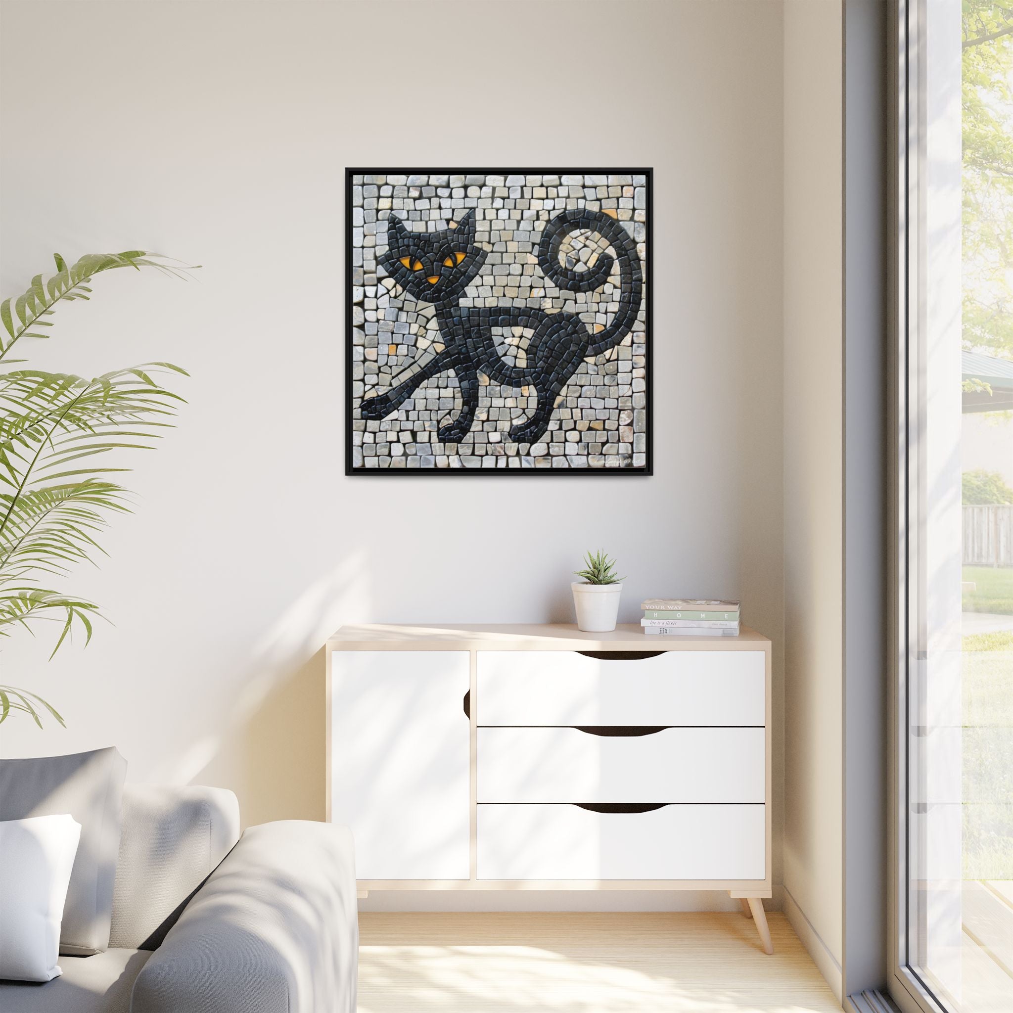 "Curious Black Cat Mosaic", Framed Mosaic Cat Art Print — Colorful Modern Wall Canvas