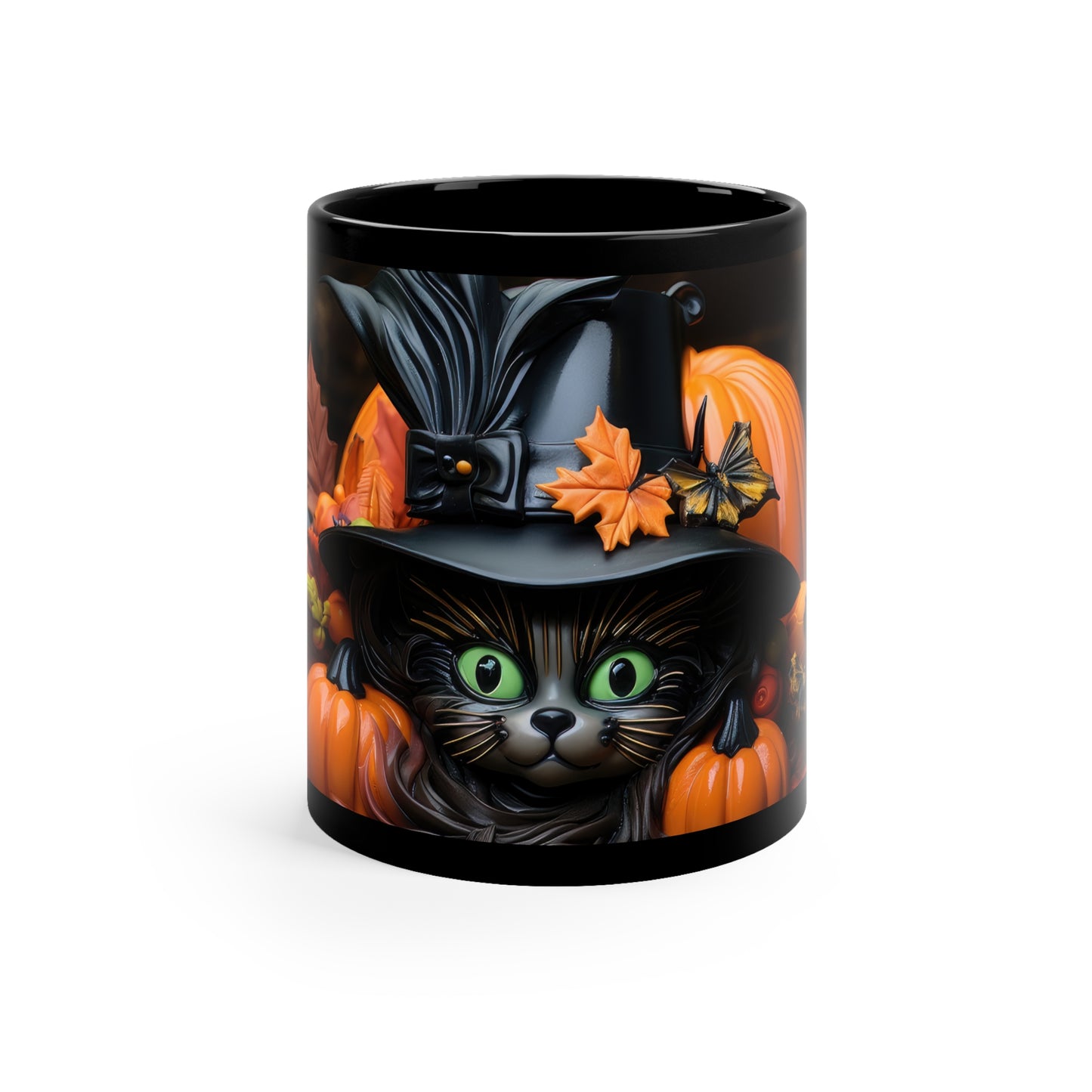 Halloween Hat Green Eyed Black Cat With Fall leaves And Pumpkins 11oz Black Mug