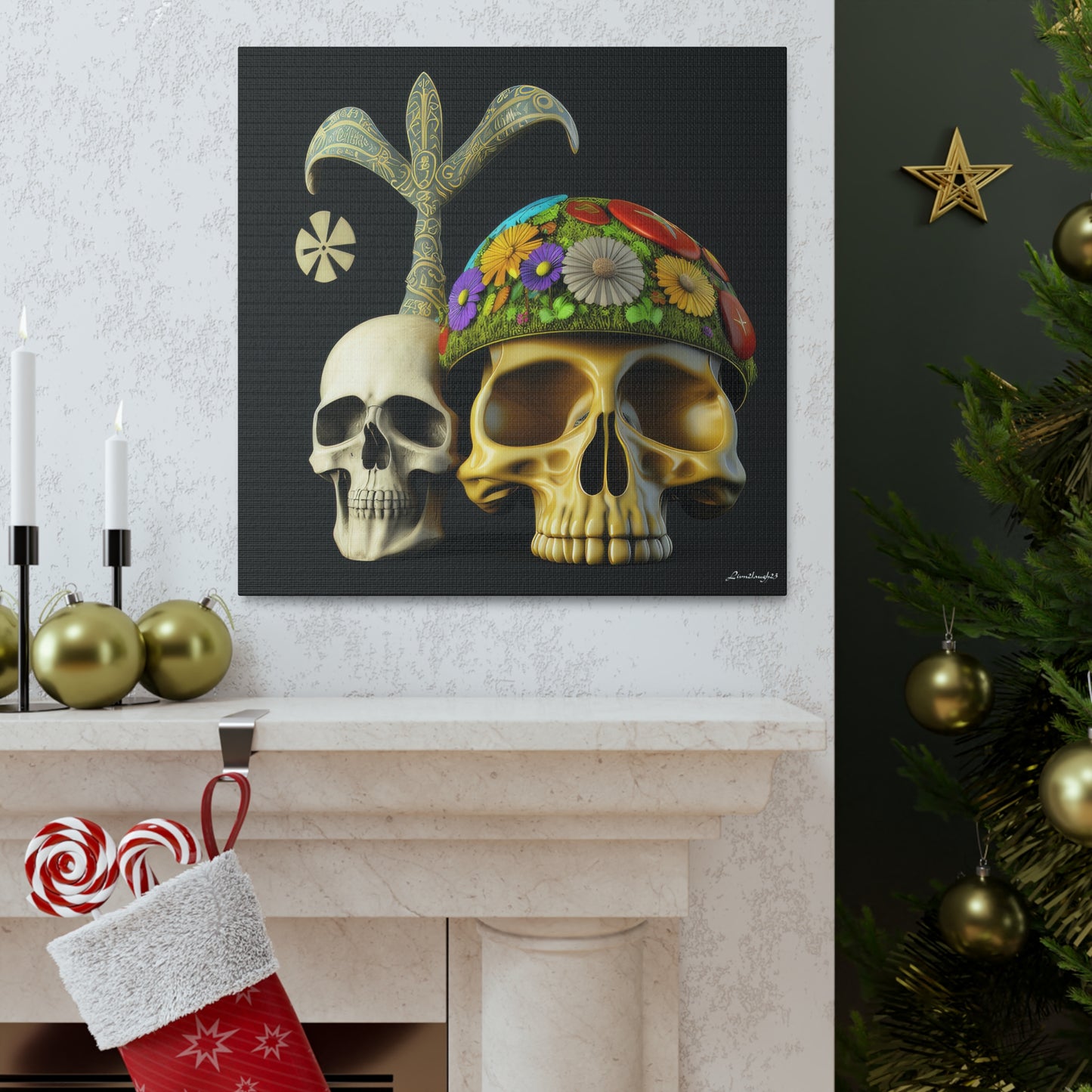 Double Skull With Yellow White Purple Flowers Canvas Gallery Wraps