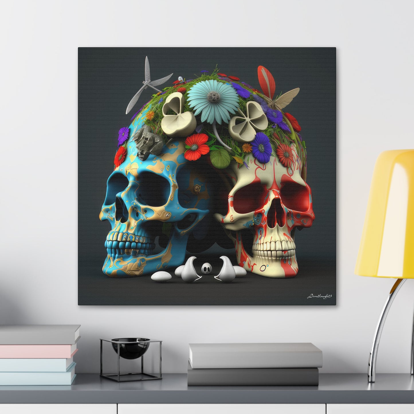 Double Skull With Blue Red  Flowers Canvas Gallery Wraps