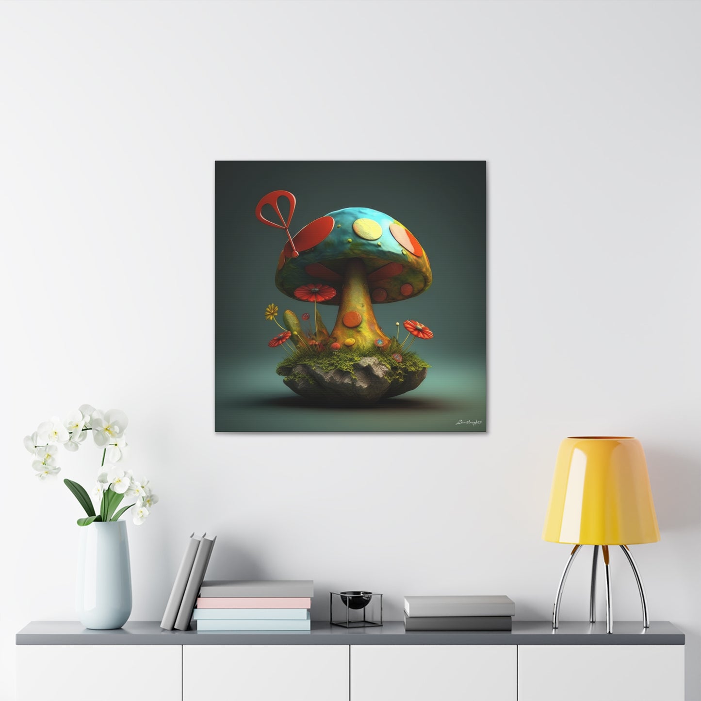 Sassy Colorful Blue Mushroom With Flowers Canvas Gallery Wraps