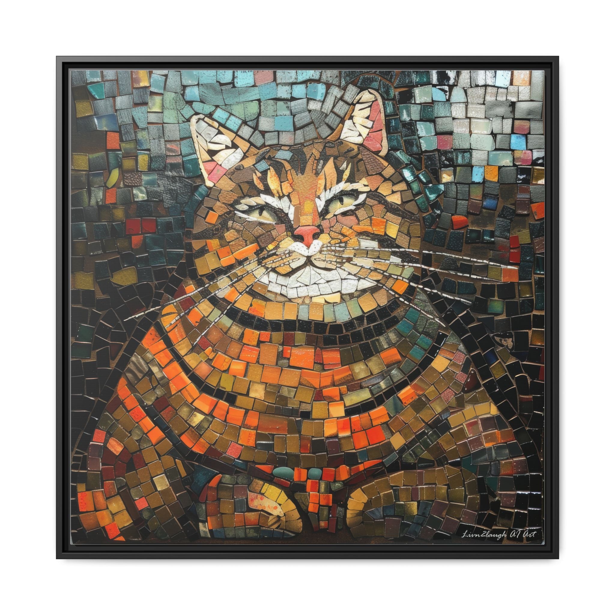 Mosaic Majesty: The Regal Cat, Framed Mosaic Cat Art Print — Colorful Modern Wall Canvas