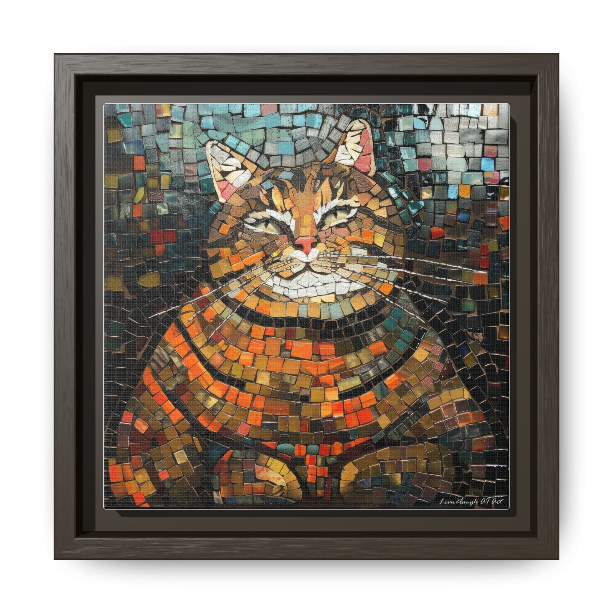 Mosaic Majesty: The Regal Cat, Framed Mosaic Cat Art Print — Colorful Modern Wall Canvas