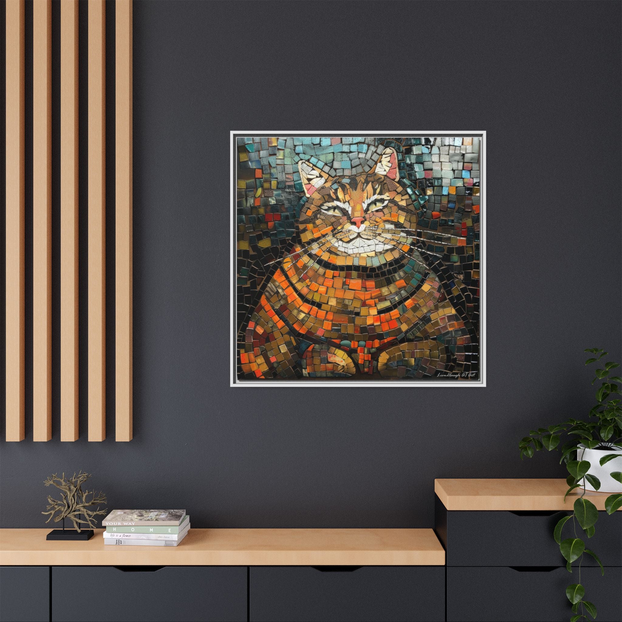 Mosaic Majesty: The Regal Cat, Framed Mosaic Cat Art Print — Colorful Modern Wall Canvas
