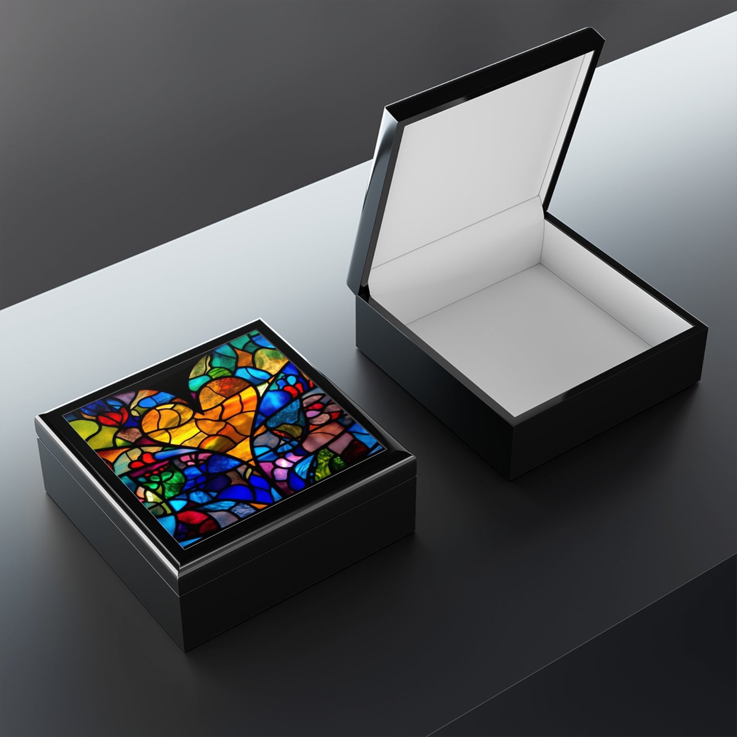 Stained Glass Blue Background Amazing Yellow Heart Jewelry Box