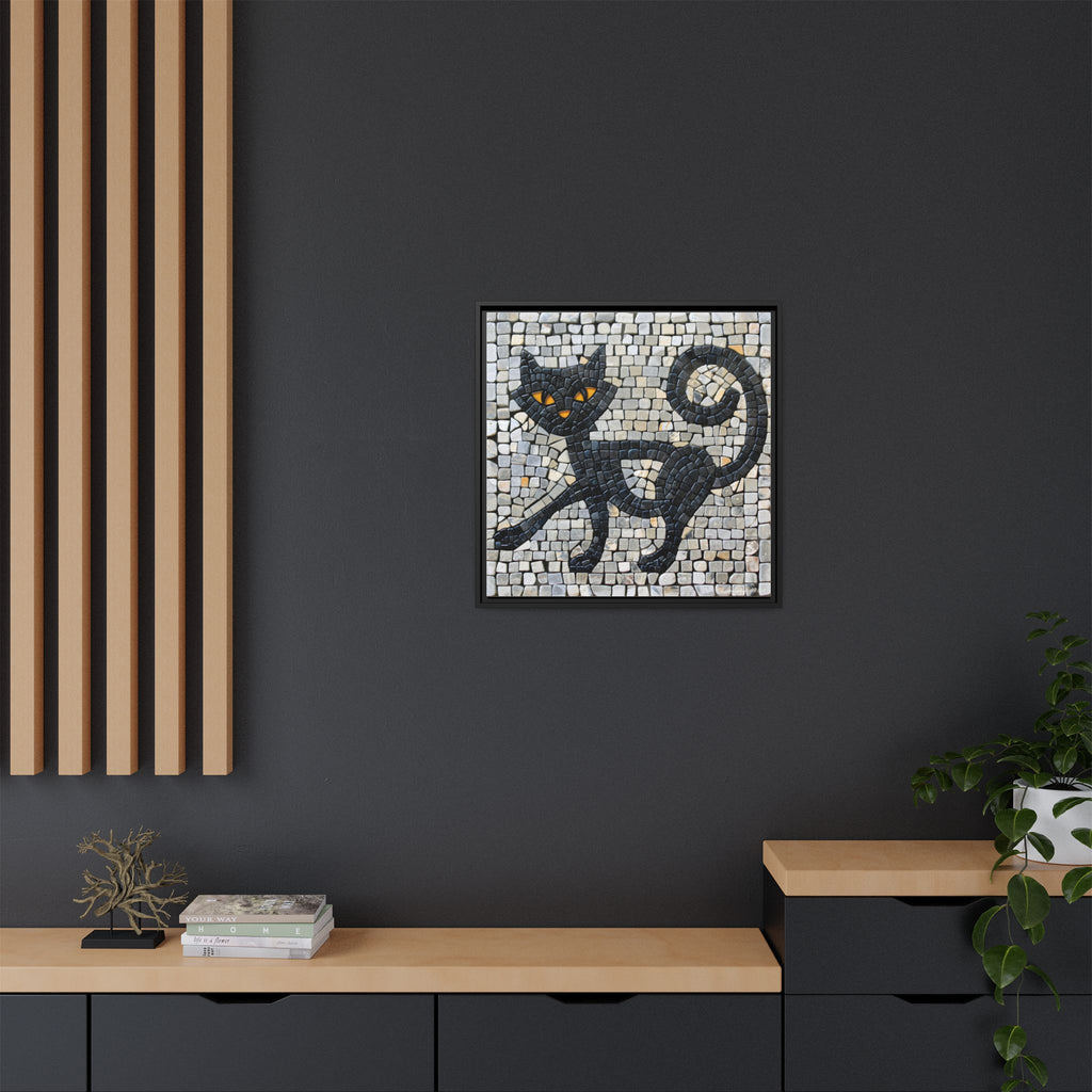 "Curious Black Cat Mosaic", Framed Mosaic Cat Art Print — Colorful Modern Wall Canvas