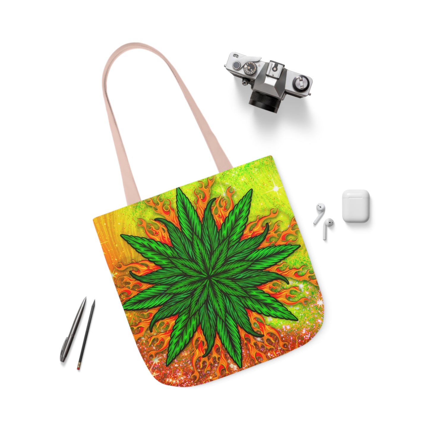 Beautifully Designed Orange, Yellow And Green Marijuana Leave Polyester Canvas Tote Bag (AOP)